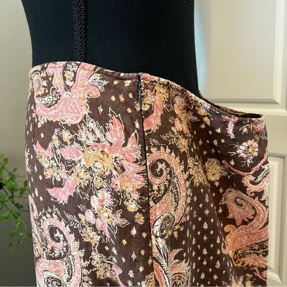 Anthropologie Tapemeasure 100%Linen Brown Pink Floral Paisley Ruffle Maxi Skirt - Picture 6 of 15
